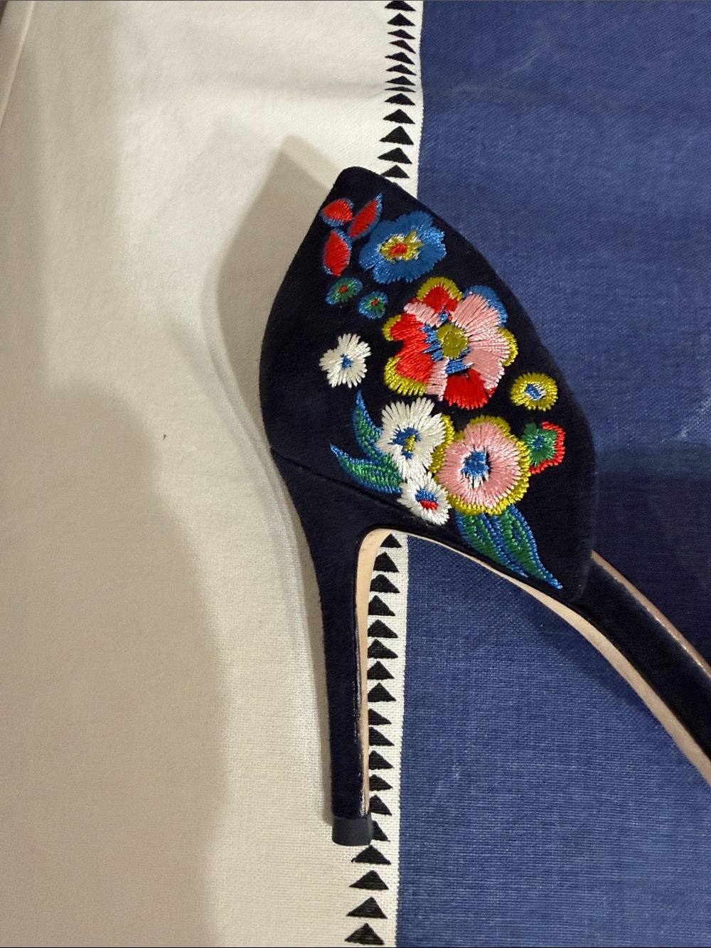 Tory Burch Navy Pointed-Toe D'Orsay Heels with Multicolor Floral Embroidery - Picture 6 of 7